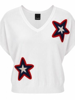 NWT Aaeda Women’s XS Eggshell V-Neck Sweater Top Star Appliqué Patriotic